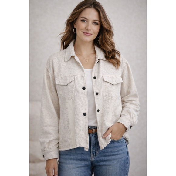 POL Jackets & Blazers - POL Cream Knit Shacket Jacket Button Front Raw Hem Lightweight Size S Boho